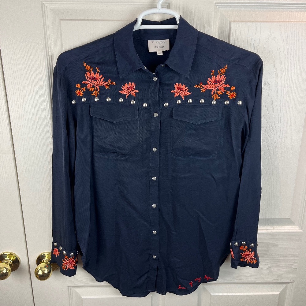 Cinq a Sept Lexi Embroidered Studded Top Blouse Blue Size XS